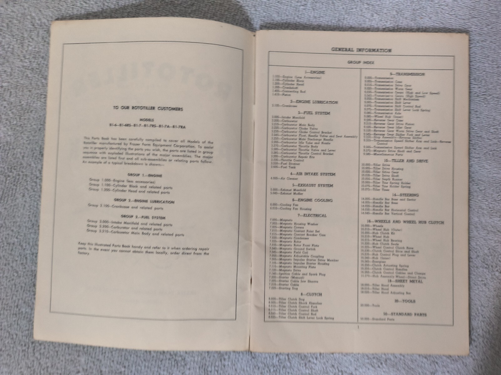Vintage Frazer Farm Equipment Co. ORIGINAL Rototillers Parts Book