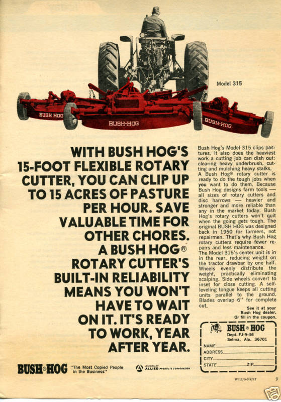 1972 Print Ad of Bush Hog 315 Farm Tractor Mower