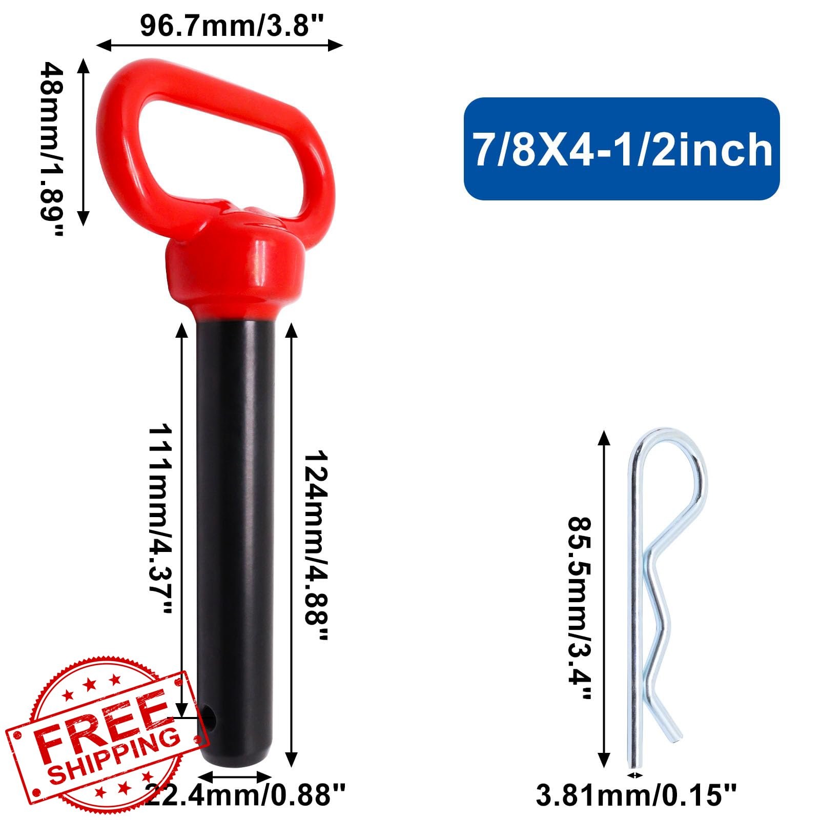 YuGtcen 7/8 x 4-1/2 Inch Hitch Pin with Clip, Red Handle Trailer Tow