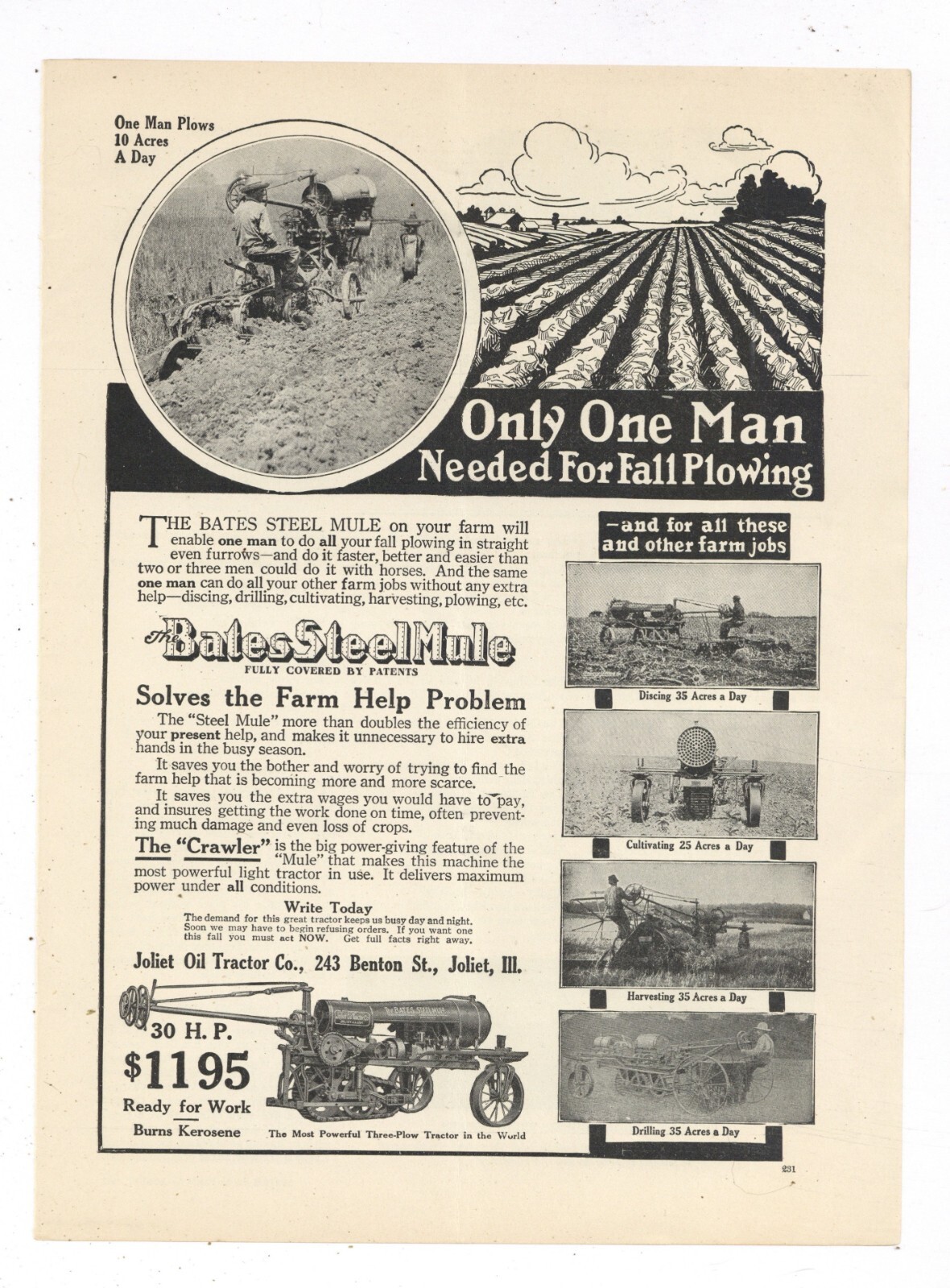 1917 Joliet Oil Tractor Co. Ad: Bates Steel Mule – The One Man, 10 Acres per Day
