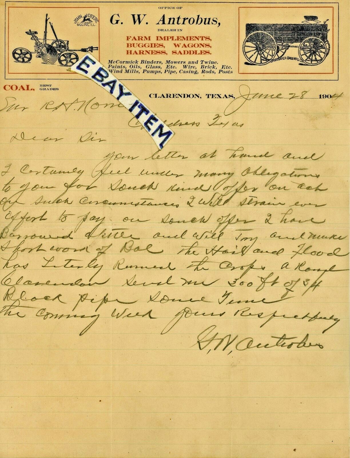 1904 LETTERHEAD Clarendon Texas GEORGE W. ANTROBUS farming machinery STUDEBAKER