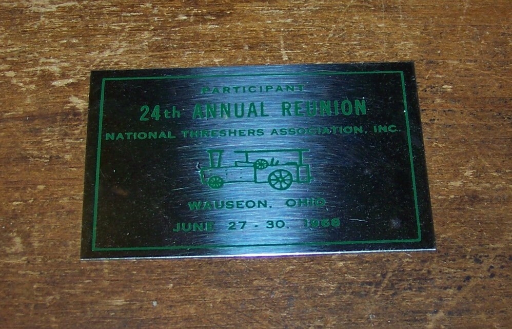 1968 NATIONAL STEAM THRESHER ASSOCIATION METAL PLACARD WAUSEON OH TRACTOR