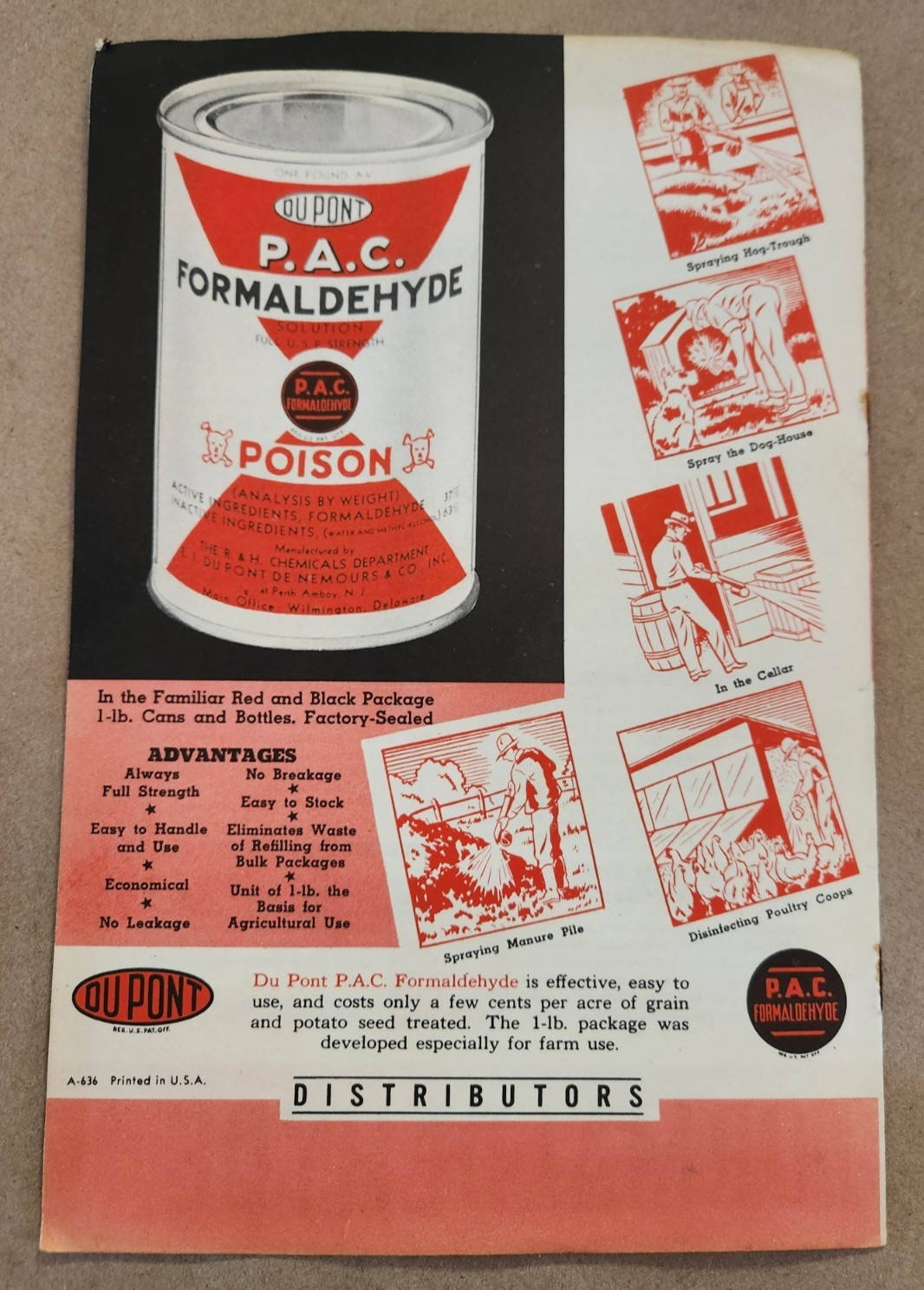 Vintage DUPONT Formaldehyde Brochure Farming Crop Disinfectant POISON