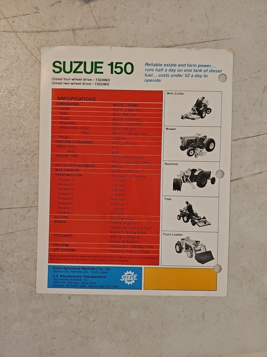 Vintage Suzue 15hp Diesel Tractor Dealer Sales Brochure Spec Sheet
