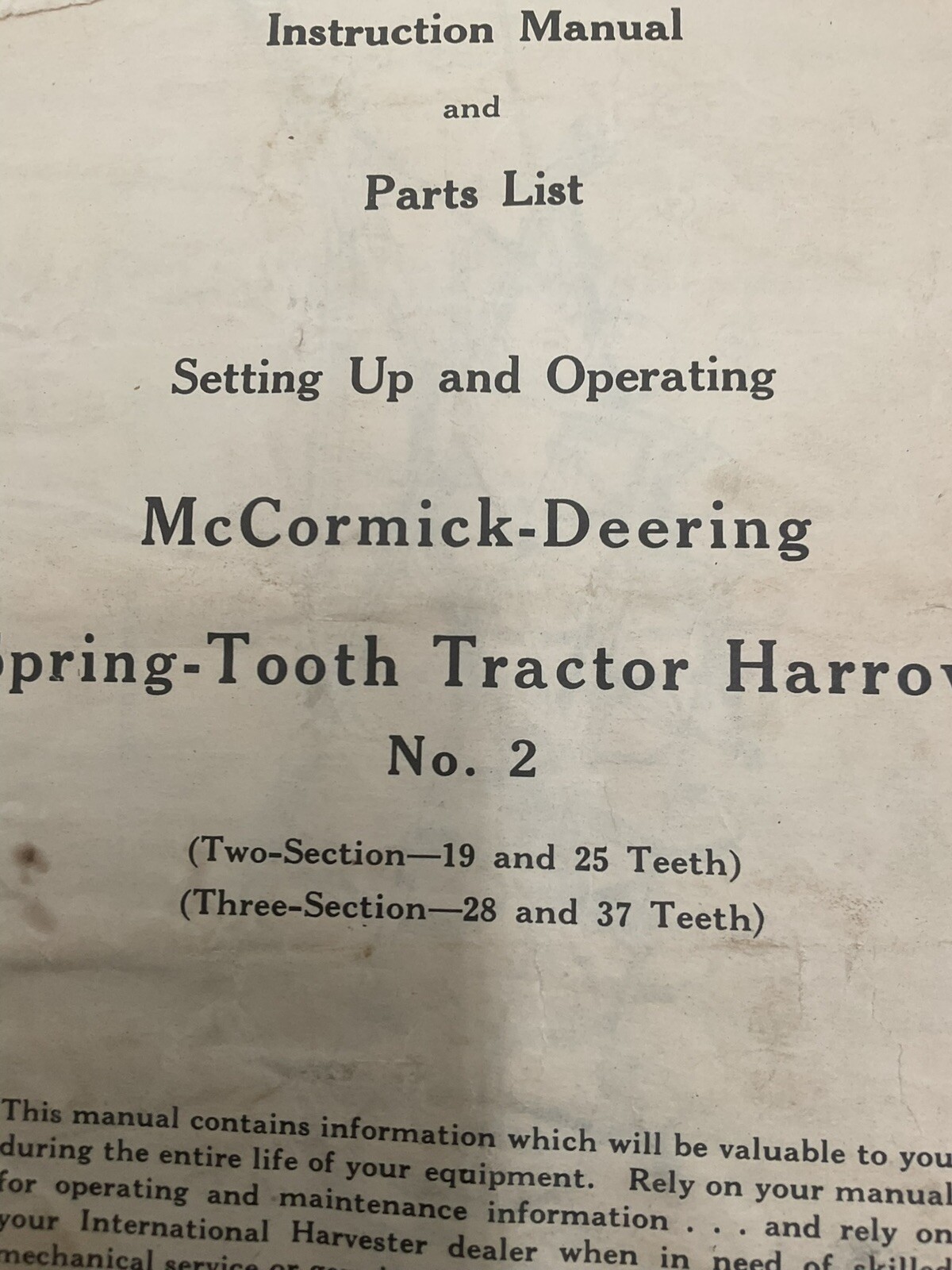 1947 McCormick Deering 2 Harrow Specs Agricultural Instruction Manual Parts List