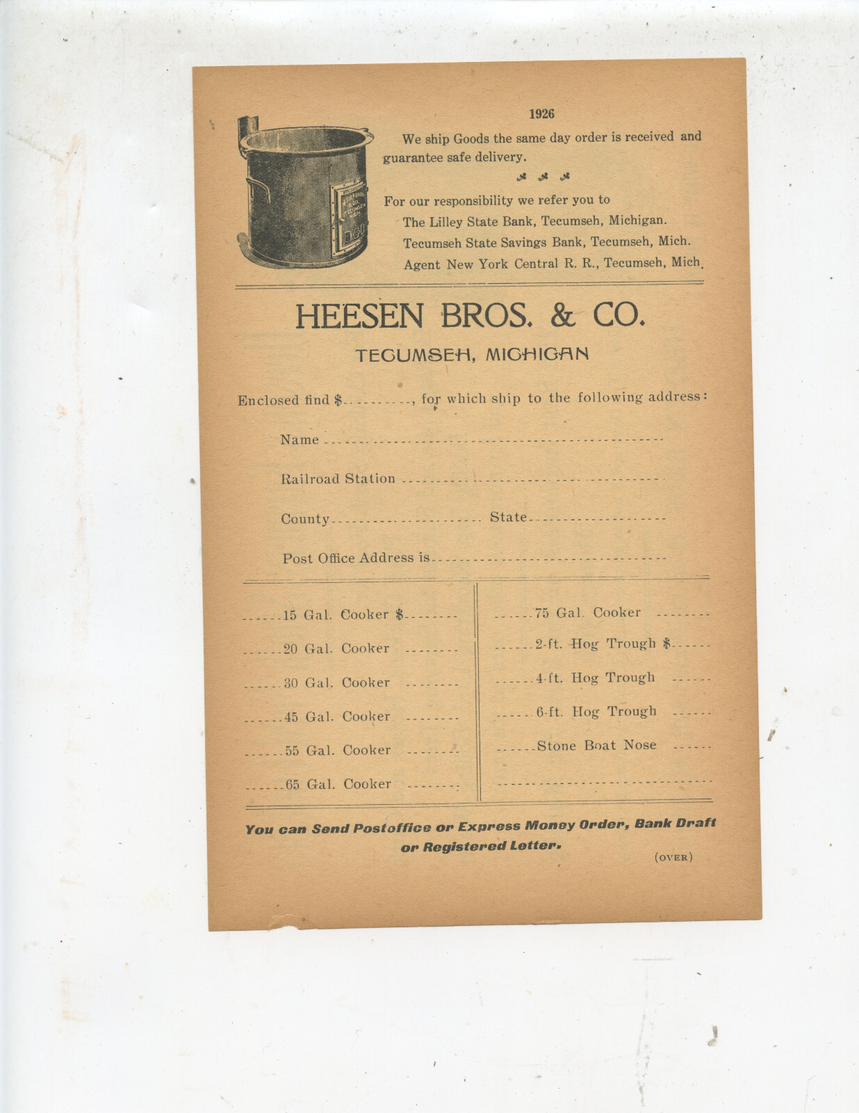 VINTAGE « HEESEN&rsquo;S FARMERS&rsquo; STOCK FEED COOKERS » ORDER FORM (TECUMSEH, MICHIGAN)