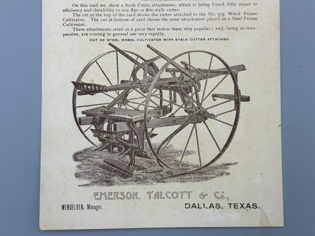 1880s EMERSON TALCOTT Farm Advertising DALLAS Texas TRADE CARD Vespucci Columbus
