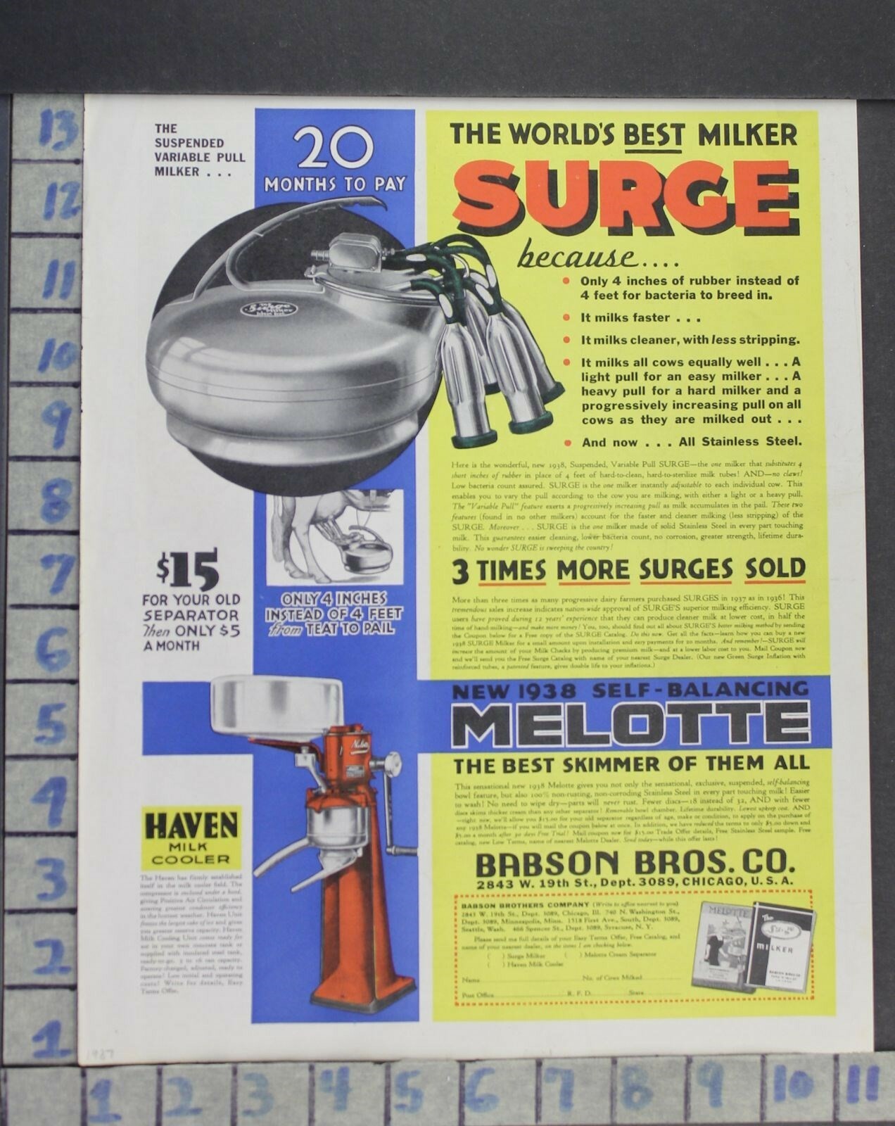 1937 AGRICULTURE SURGE MILKER COW FARM MILK BABSON BRO COOLER VINTAGE AD DA53