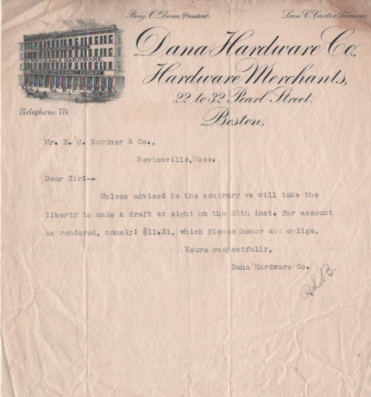 DANA HARDWARE CO. PEARL STREET BOSTON MASS LETTERHEAD TO E.C. GARDNER & CO