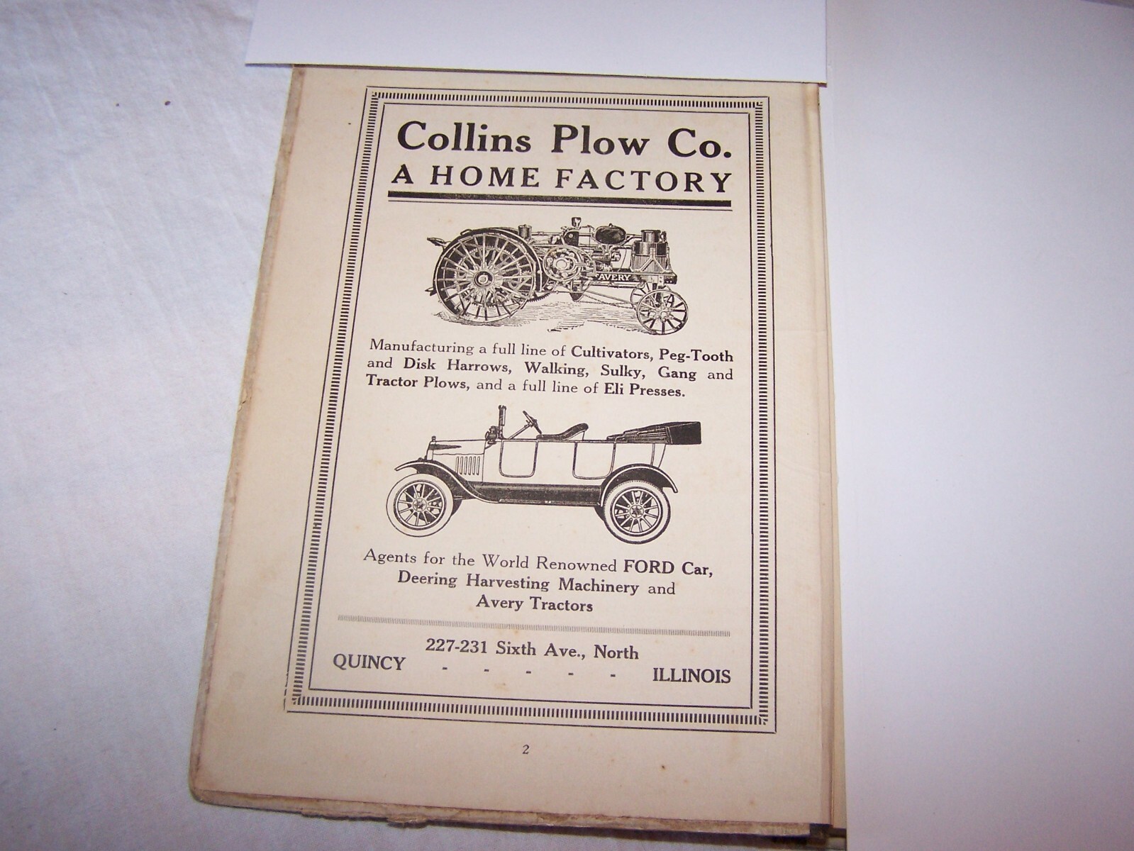 1918 COLLINS PLOW CO – Ford Autos – Deering – Avery Tractors QUINCY ILLINOIS Ad