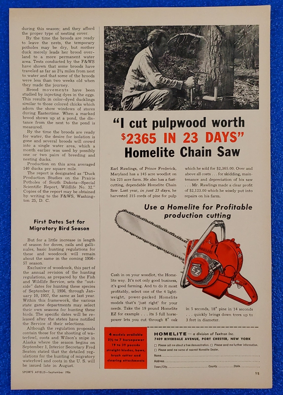 1956 HOMELITE « EZ » CHAIN SAW VINTAGE PRINT AD « USE A HOMELITE FOR PROFITABILITY »