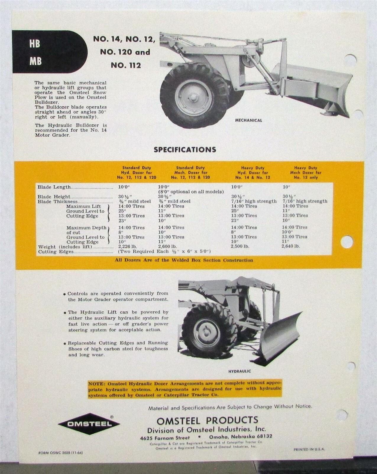 1965 Omsteel HB MB Bulldozer Hydraulic Construction Sales Sheet