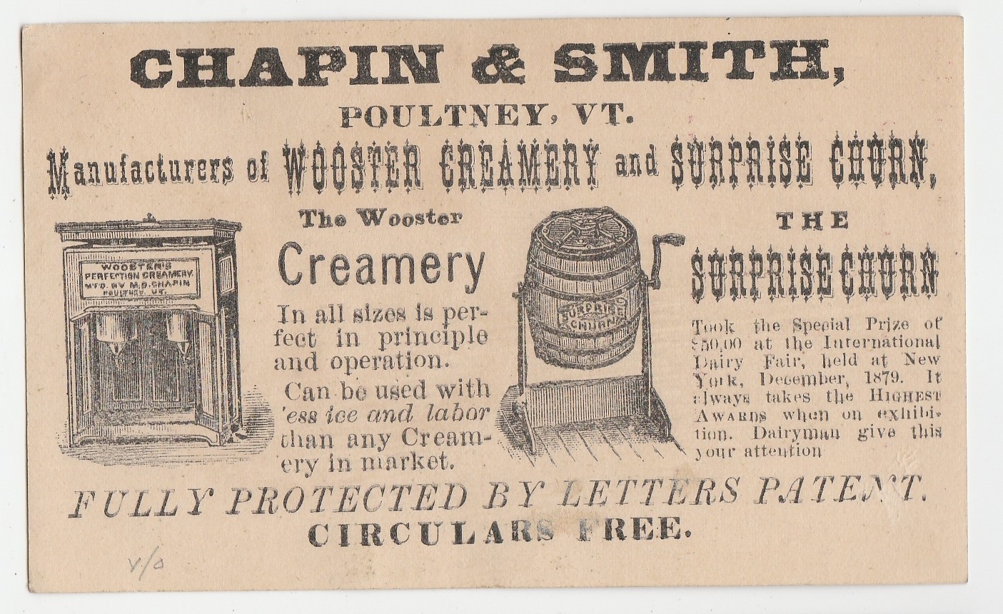 Wooster Creamery/Surprise Churn trade card, Chapin & Smith, Poultney Vermont