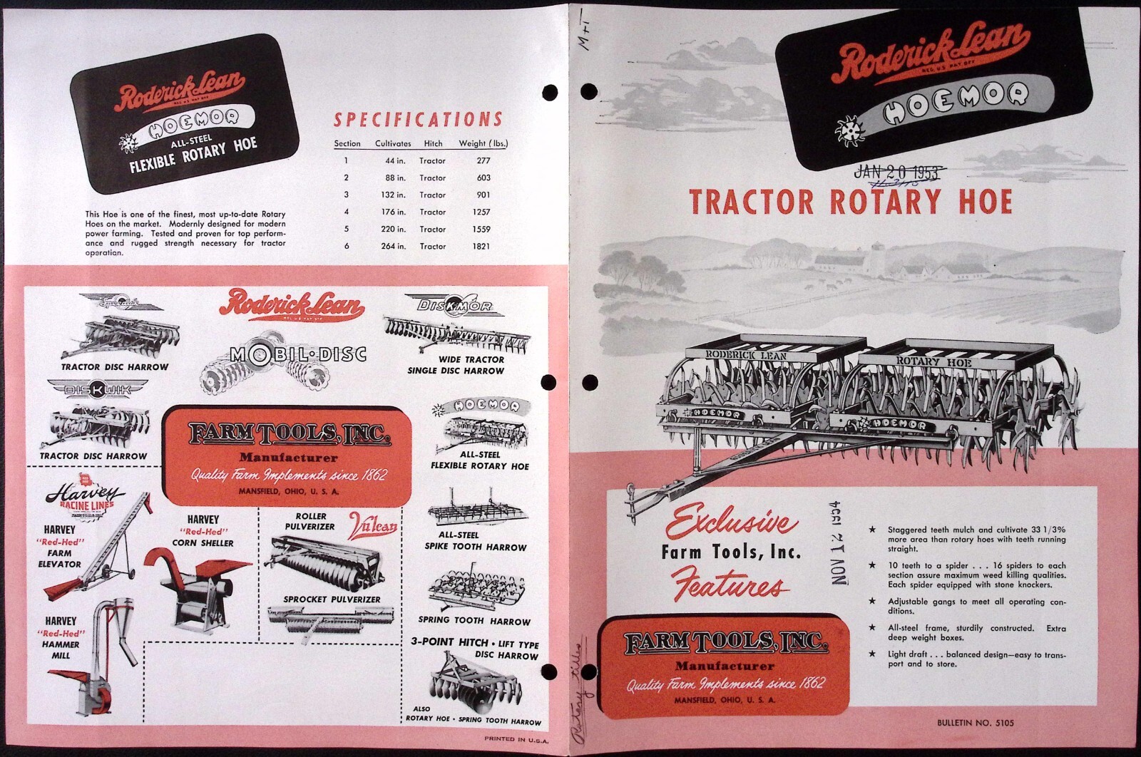 1954 Roderick Lean Hoemor Tractor Rotary Hoe Brochure Farm Tools Inc Mansfield