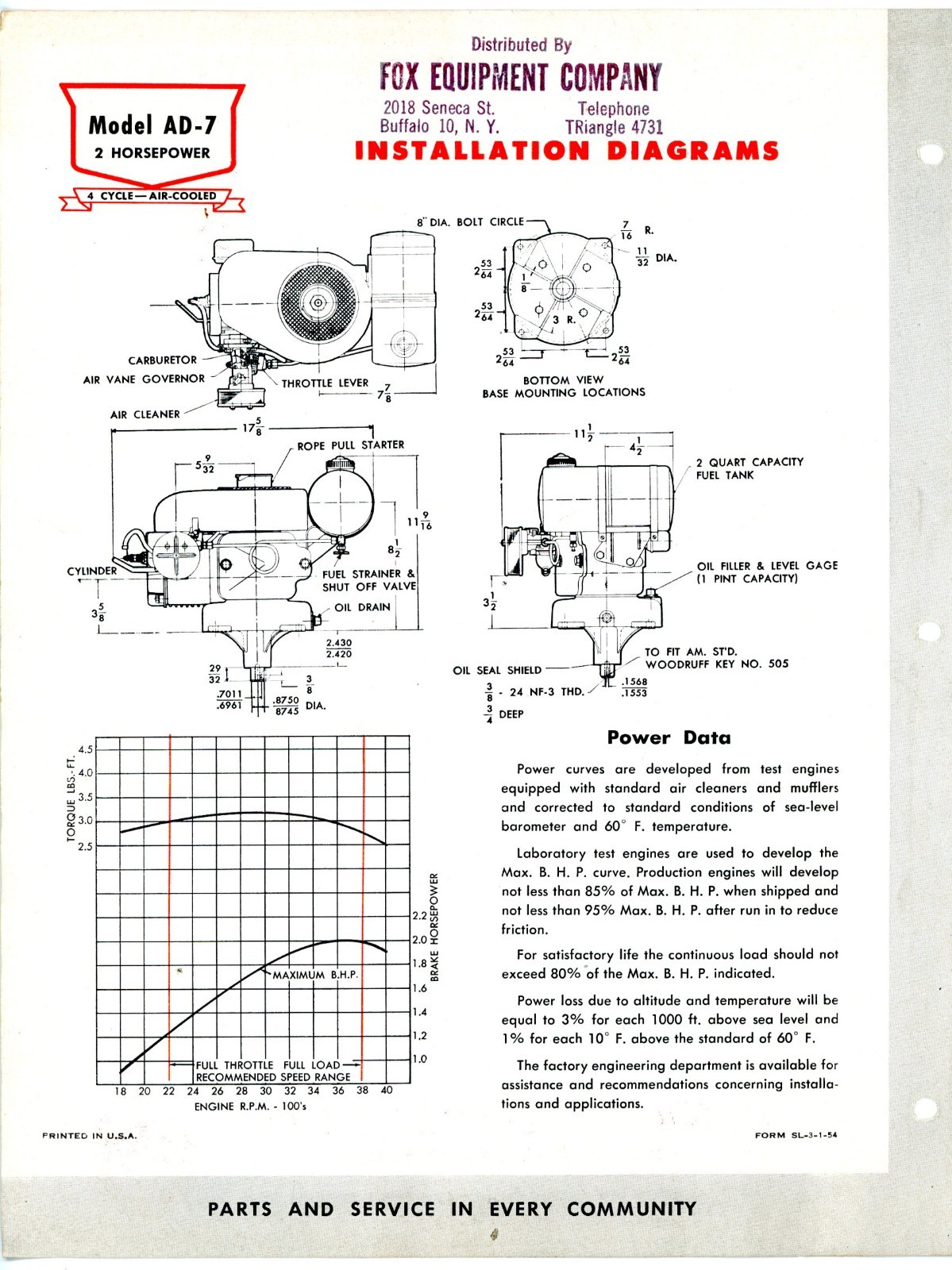 Continental Red Seal Air Cooled 2HP Engine model AD-7 1954 sales brochure