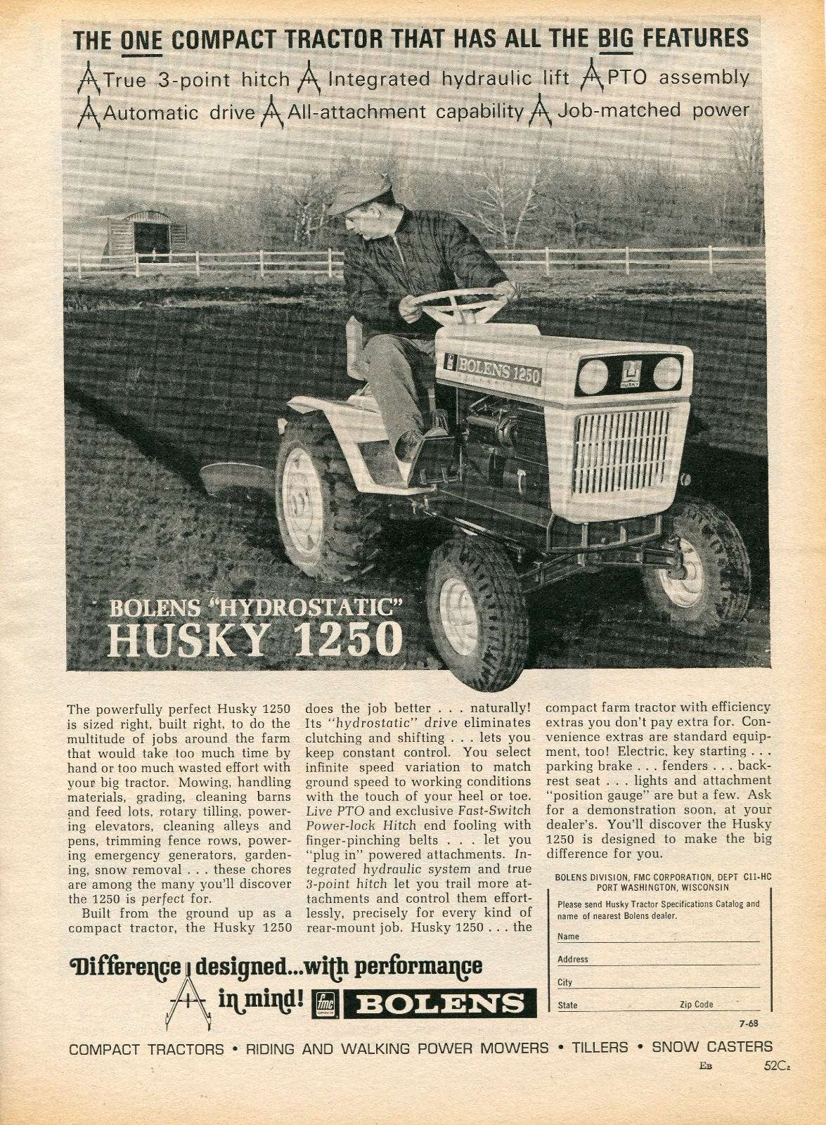 1968 Print Ad of FMC Bolens Hydrostatic Husky 1250 Farm Tractor