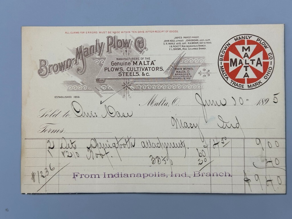 1895 BROWN MANLY PLOW Co FARM Advertising MALTA OHIO Invoice Antique