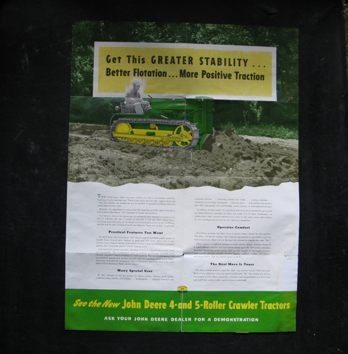 1953 JOHN DEERE Model 40 CRAWLER TRACTOR Sales Brochure/fold-out Poster VINTAGE