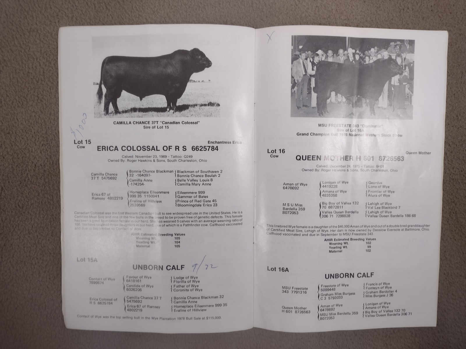 Cattle Auction Book John Jelley & Sons and Roger Hawkins & Sons Sidney Ohio 1979