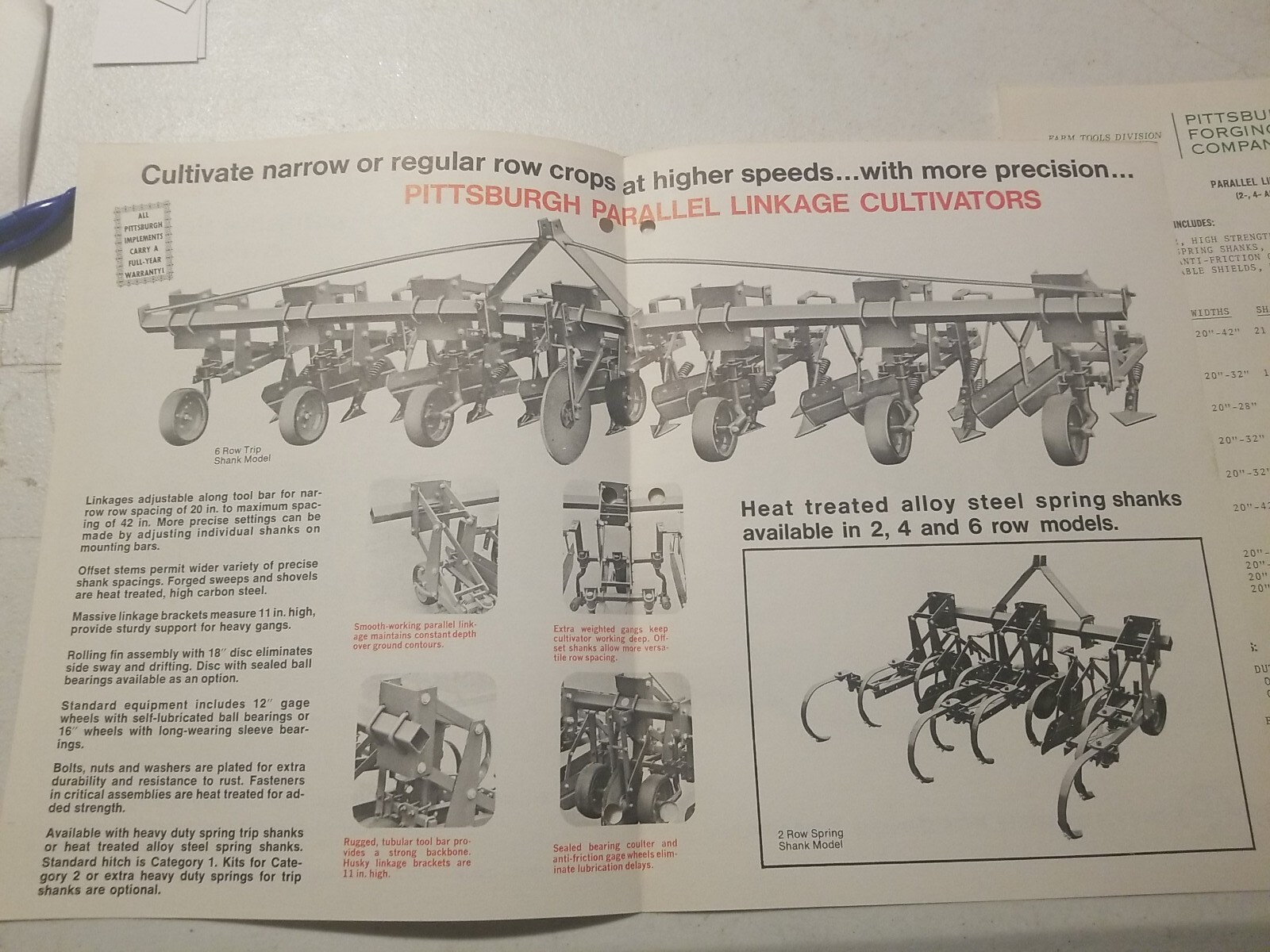 1970 PITTSBURGH FORGINGS CO. Parallel Linkage CULTIVATOR BROCHURE & PRICE LIST