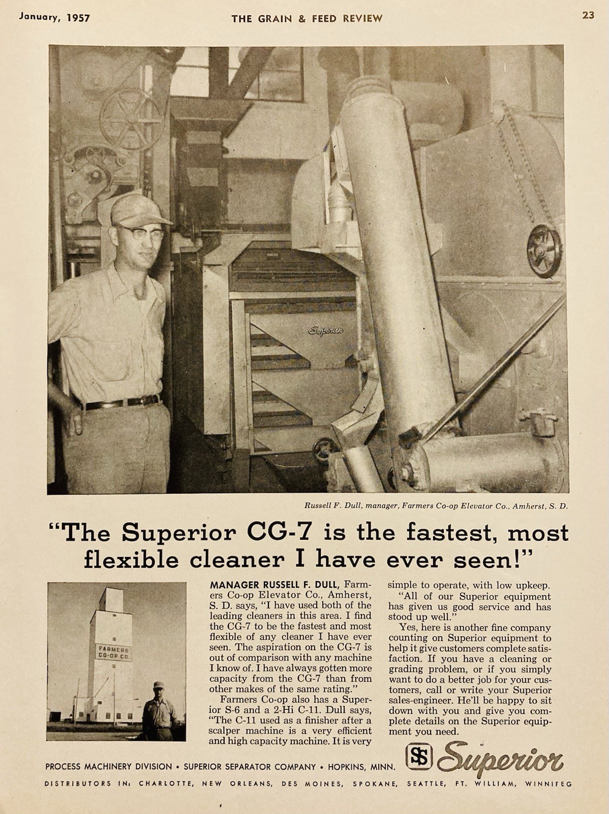 1957 AD.(XH84)~SUPERIOR SEPARATOR CO. HOPKINS, MINN. GRAIN CLEANING SYSTEM
