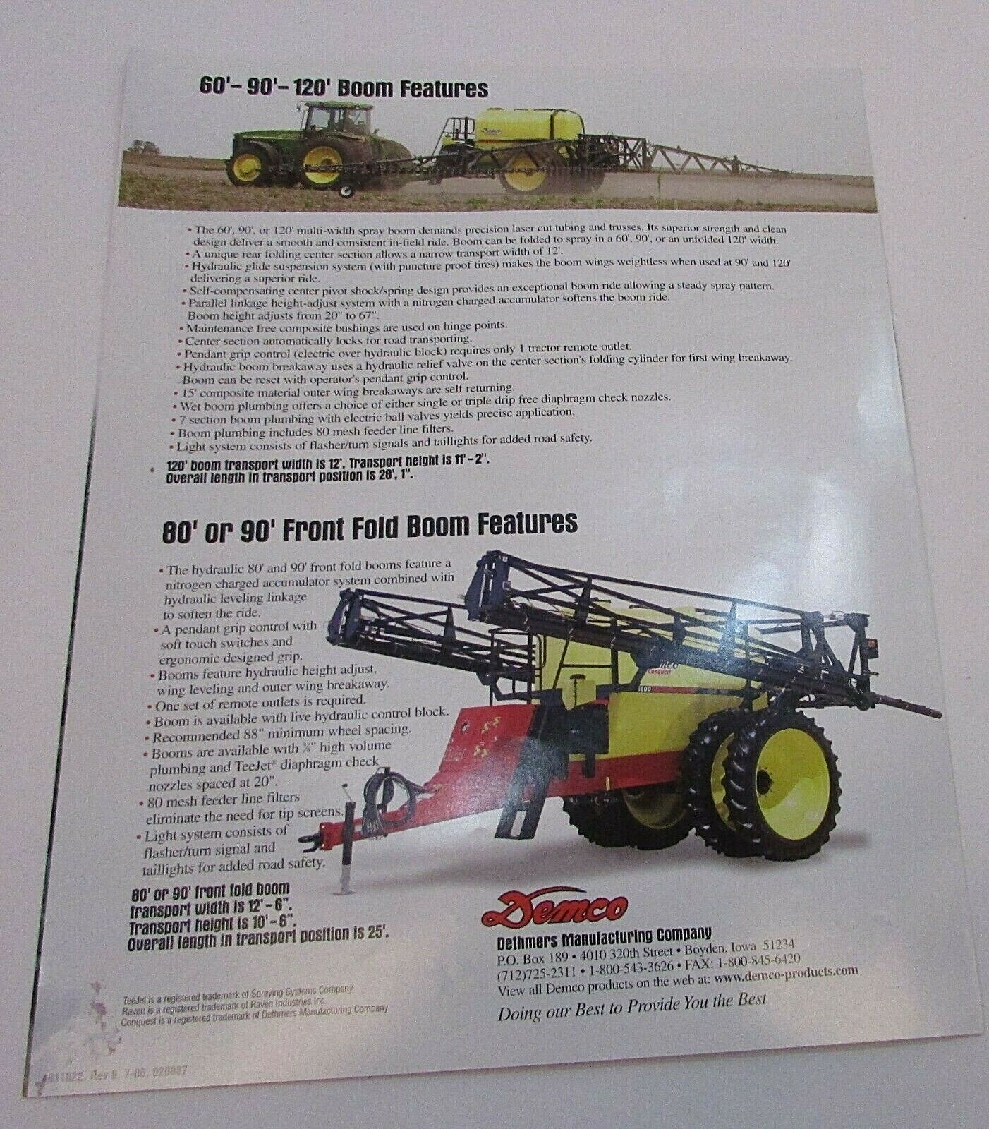 New 1990s Demco Conquest 1600 Gal 120&prime; Boom Farm Crop Sprayer Brochure FREE S/H