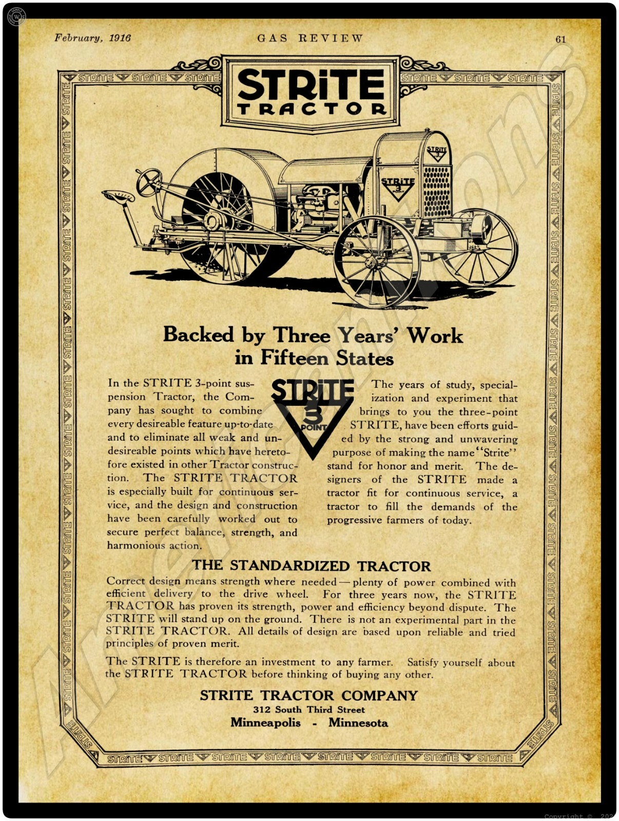 1916 Strite 3 Point Suspension Tractors New Metal Sign: Minneapolis, Minnesota