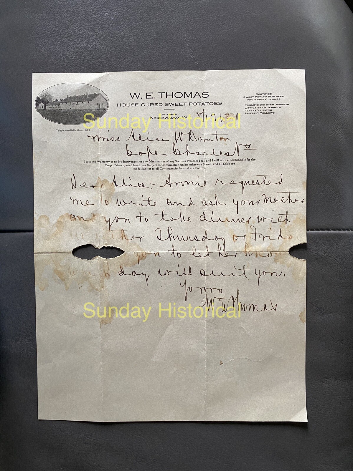 W. E. Thomas Sweet Potatoes Nassawadox VA Letterhead w Grader Shed Photo ESVA