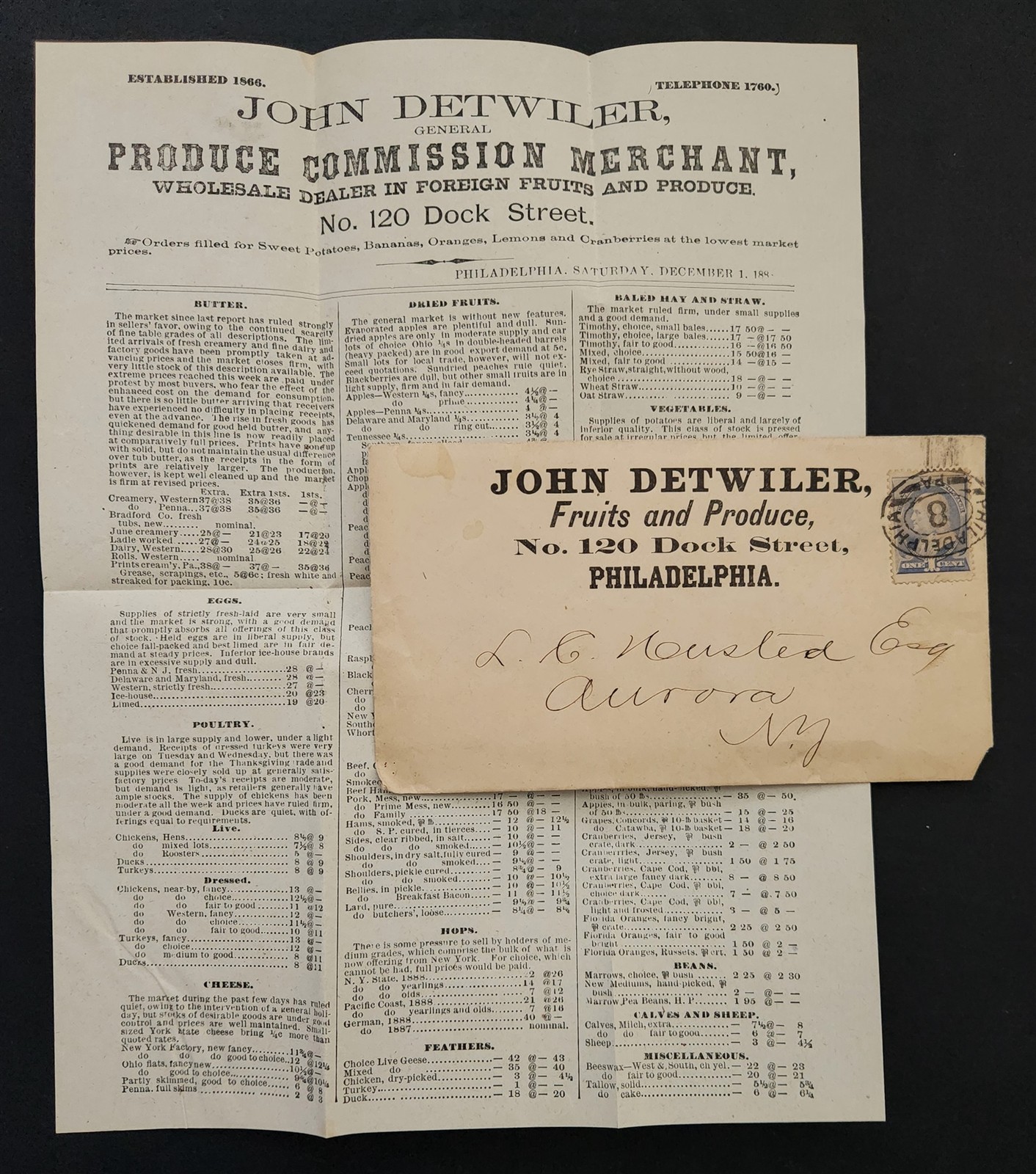 1880s antique JOHN DETWILER phila pa AD ENVELOPE produce merchant aurora HUSTED