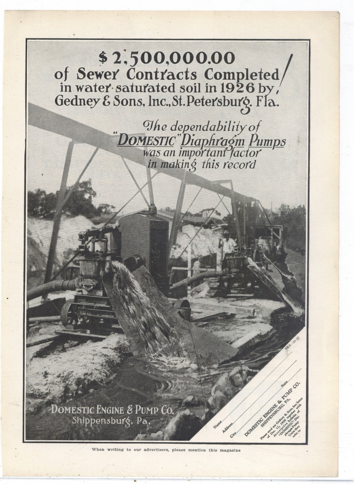1927 Domestic Engine & Pump Co. of Shippensburg, PA Ad: Gedney & Sons St. Pete