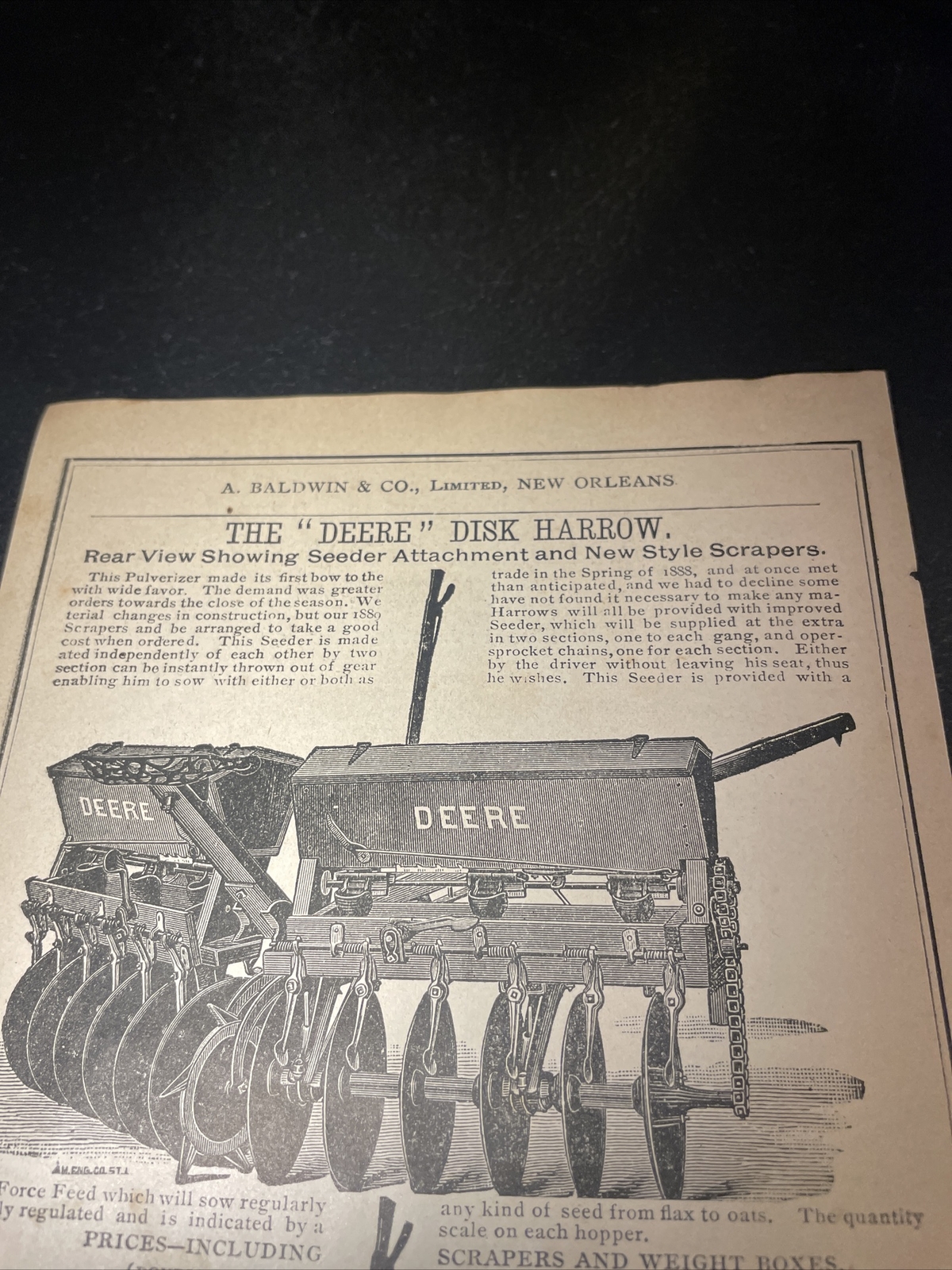 1891 Baldwin – Deere Disc Harrow Farm Advertising – New Orleans
