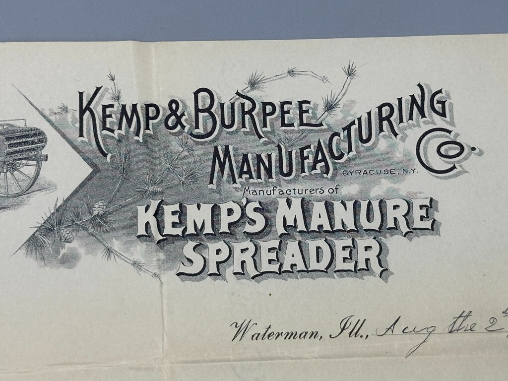1901 KEMP & BURPEE Manure Spreader WATERMAN Illinois Letter Farm Advertising