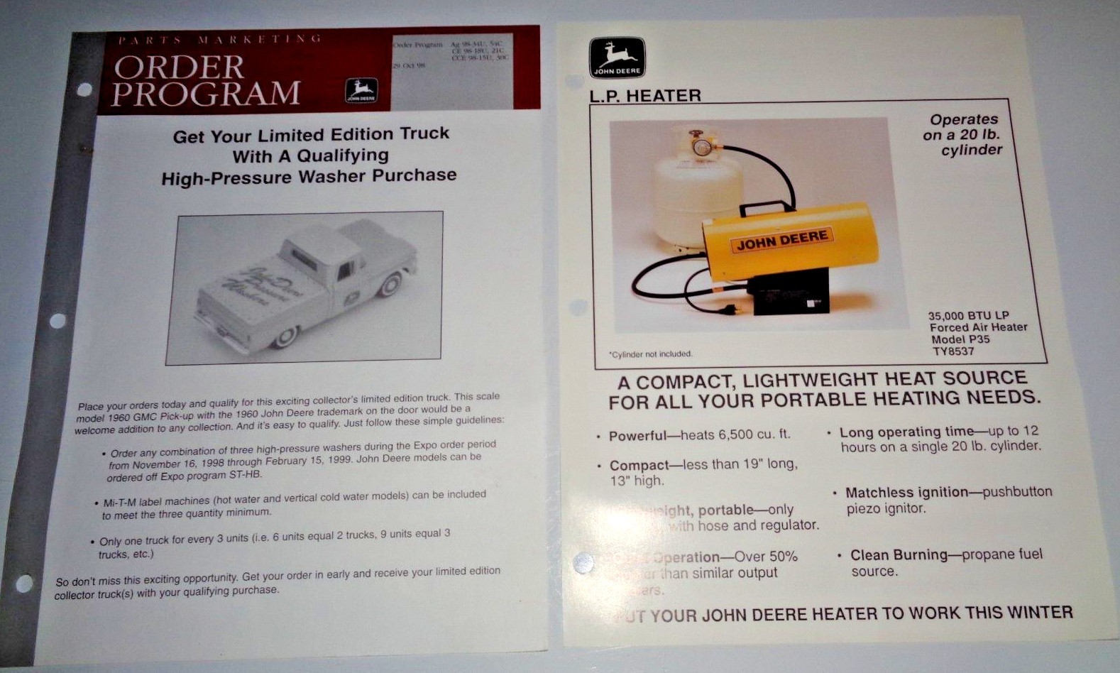 John Deere P35 LP Heater and Ertl Scale Models GMC Truck Brochure Spec Sheet JD