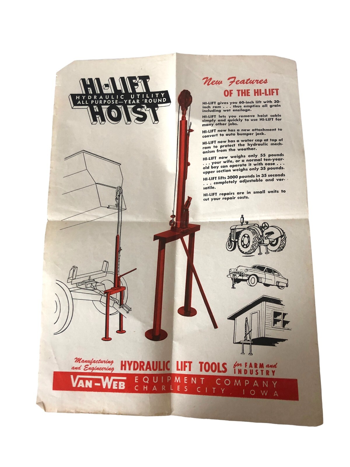 Hi-Lift Hoist 1950s Vintage Print Ad Van-Web Equipment Co Charles City Iowa IA