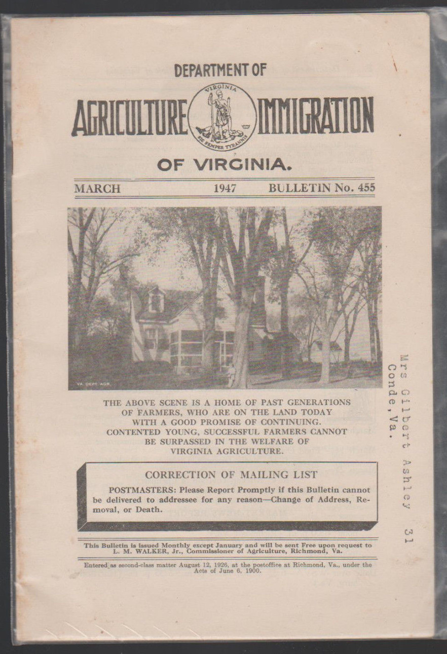 Department of Agriculture Immigration of Virginia March 1947 Bulletin 455