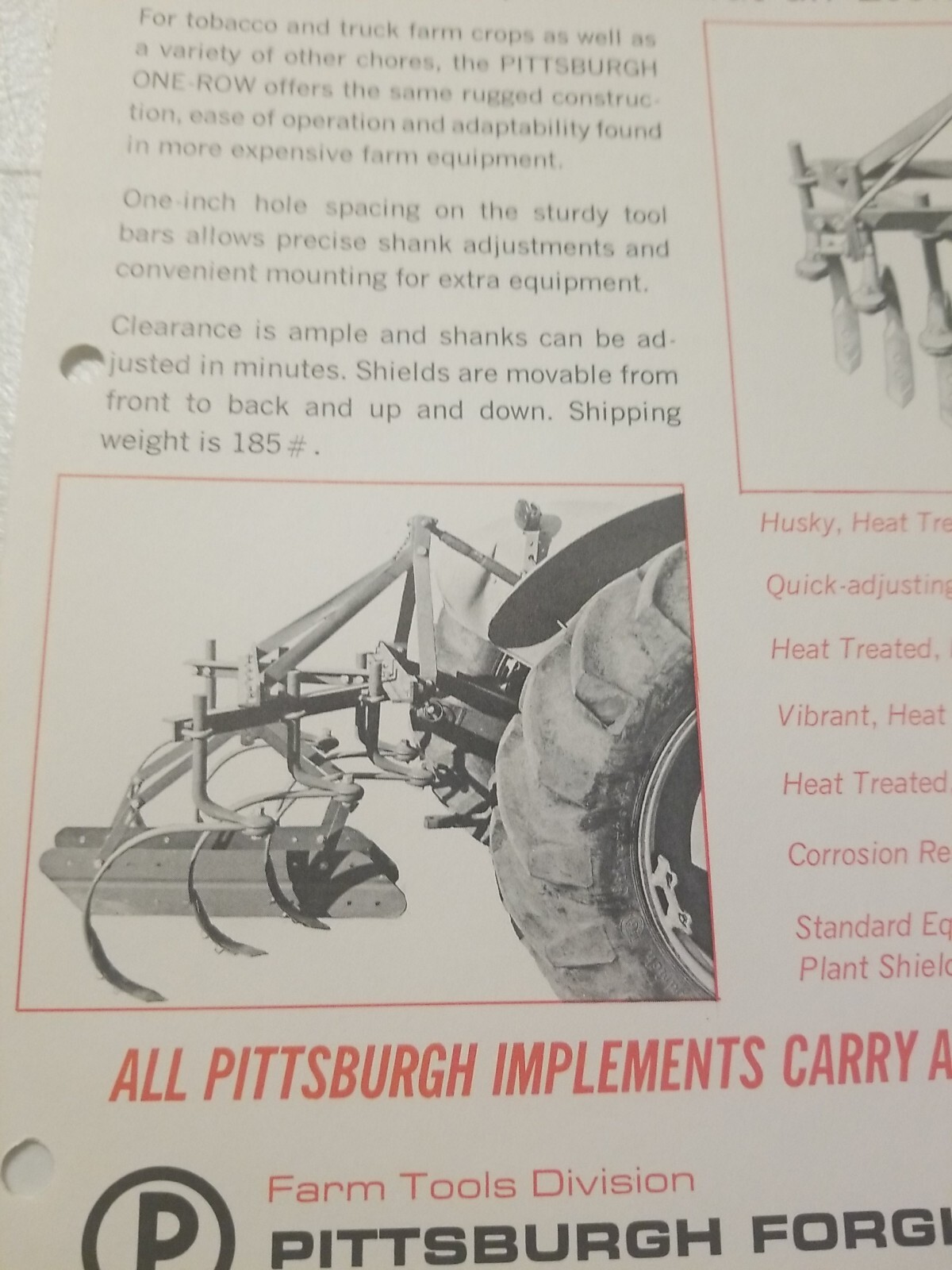 1970 PITTSBURGH FORGINGS CO. 1 ROW SPRING SHANK CULTIVATOR BROCHURE &PRICE LIST