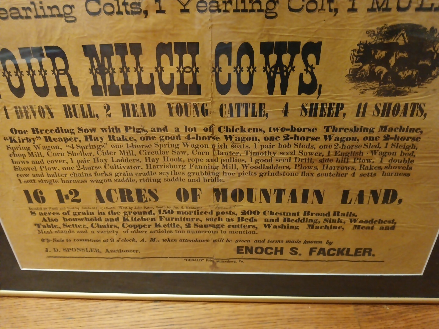 1876 Public Farm Sale Framed Auction Notice, Halifax Township, Pennsylvania