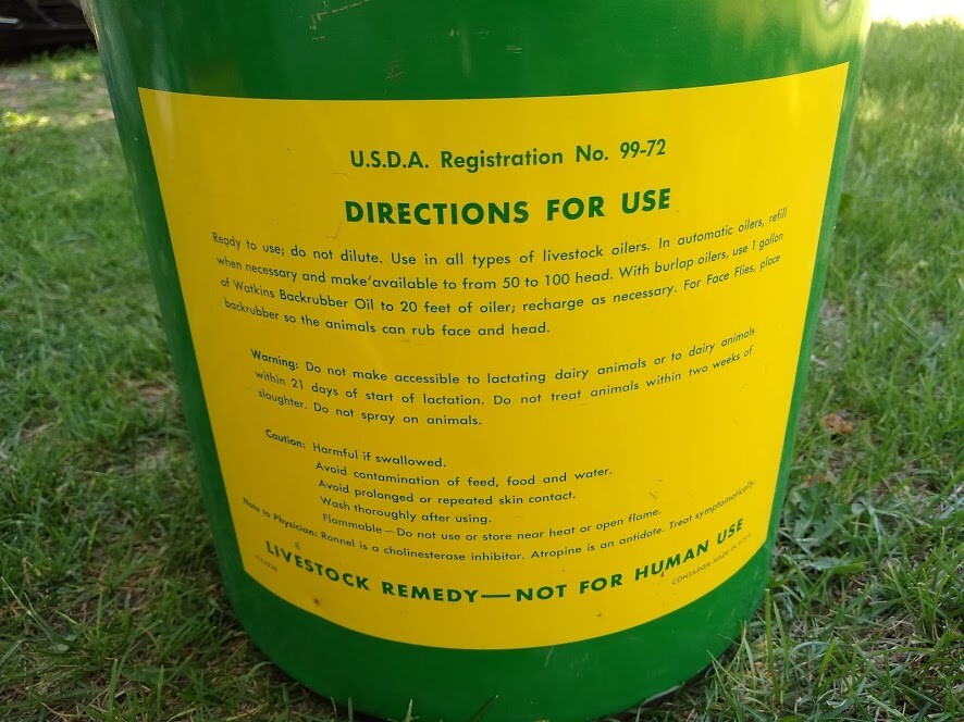 Vintage 1970s Watkins Backrubber Oil 5 gallon metal pail Ronnel insecticide farm