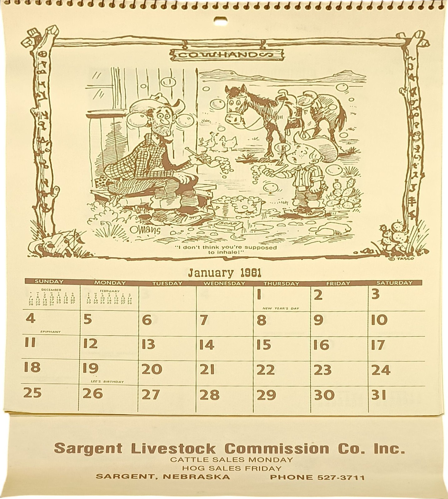 Vintage 1981 Sargent Livestock Commission Co. Inc. Illustrated Calendar With Cow