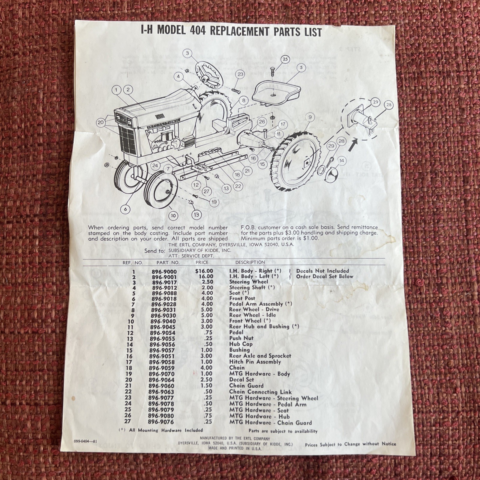 Vintage ERTL International Harvester Pedal Tractor Assembly Instructions