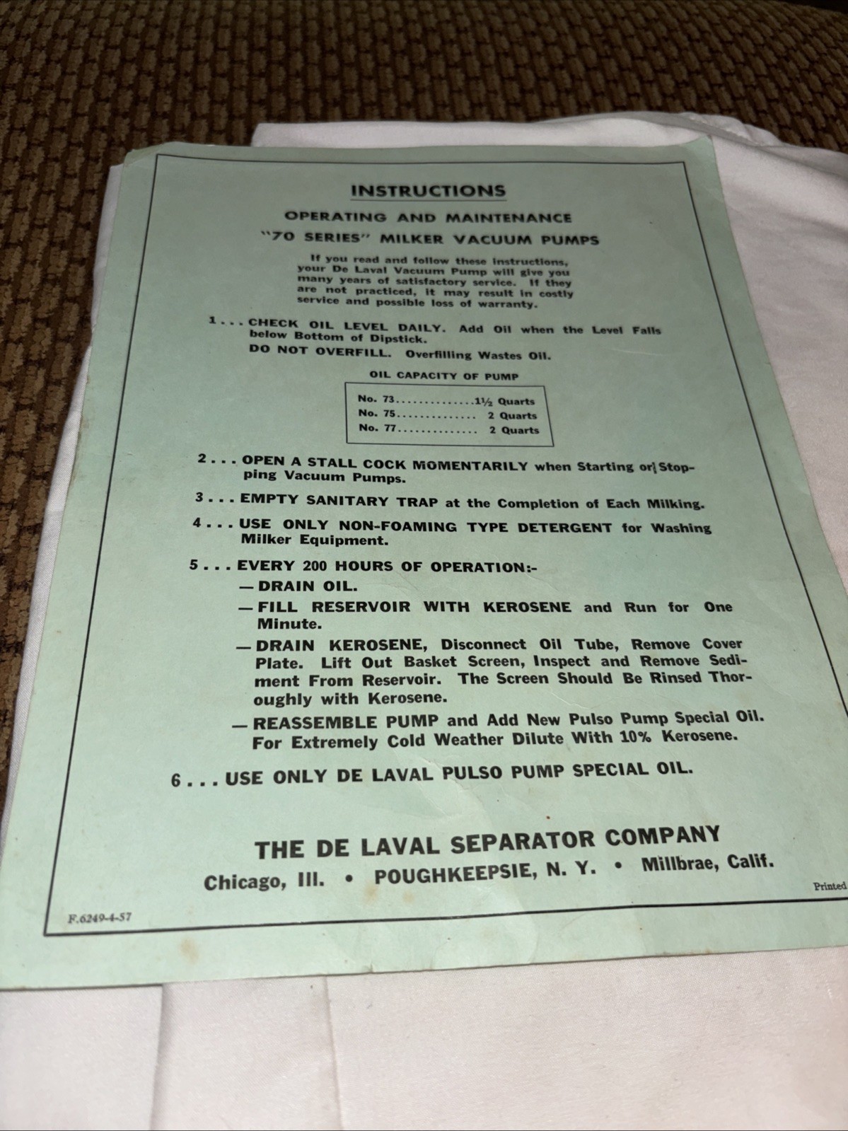 1957 The De Laval Separator Company”70 Series” Miller Vacuum Pumps Manual Pump