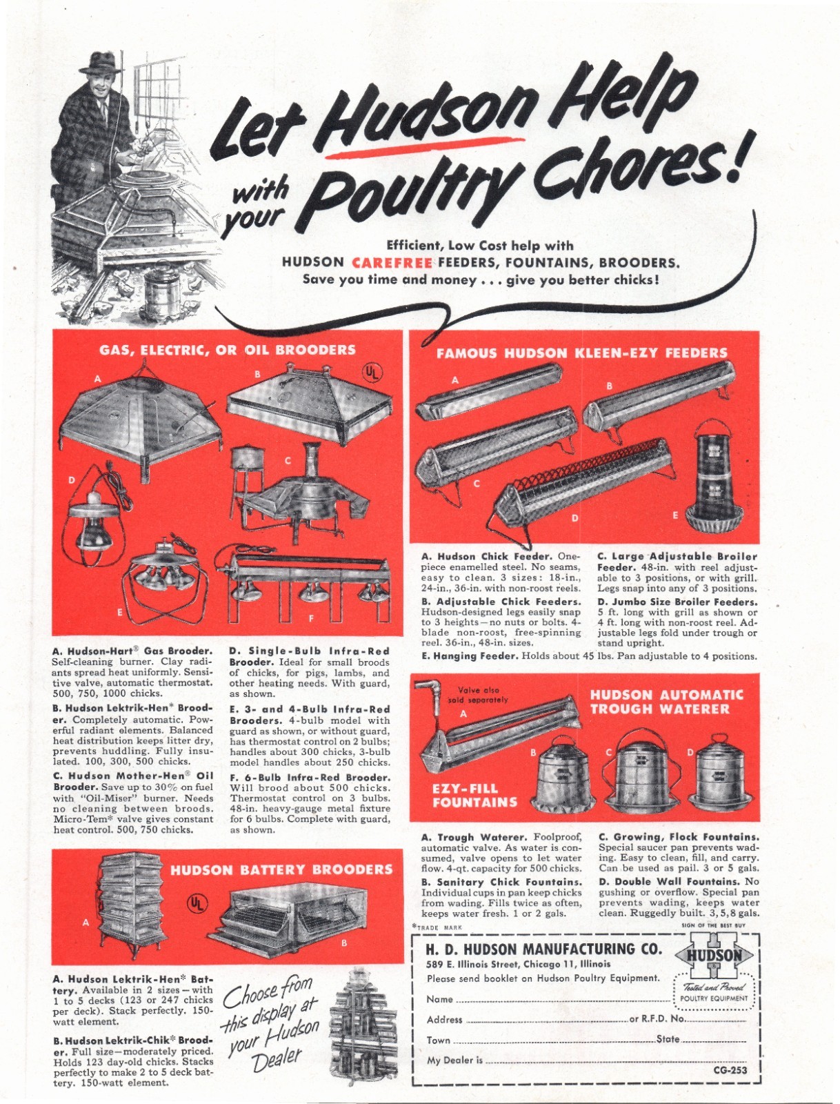 1953 H.D. Hudson Manufacturing Poultry Farming Feeder Brooder Vintage Print Ad