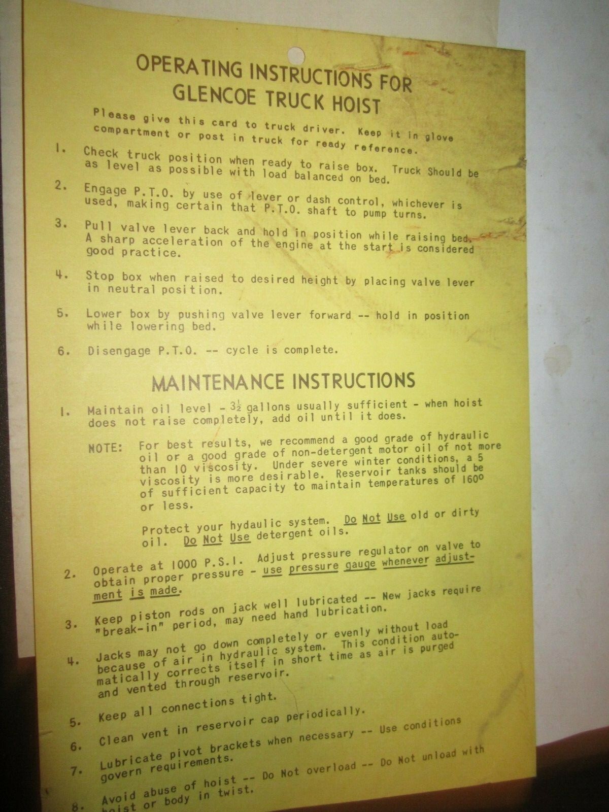 Vintage Little Giant Glencoe TRUCK HOIST GOLDEN WARRANTY AND OPERATIONS CARDS