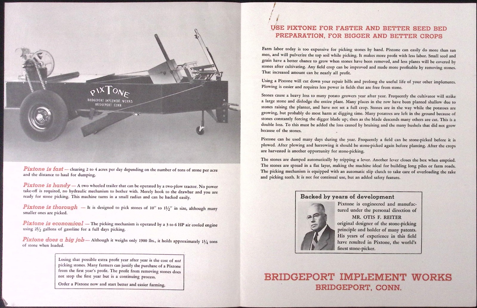 1954 Pixtone World&rsquo;s Finest Stone Picker Brochure Bridgeport Implement Works