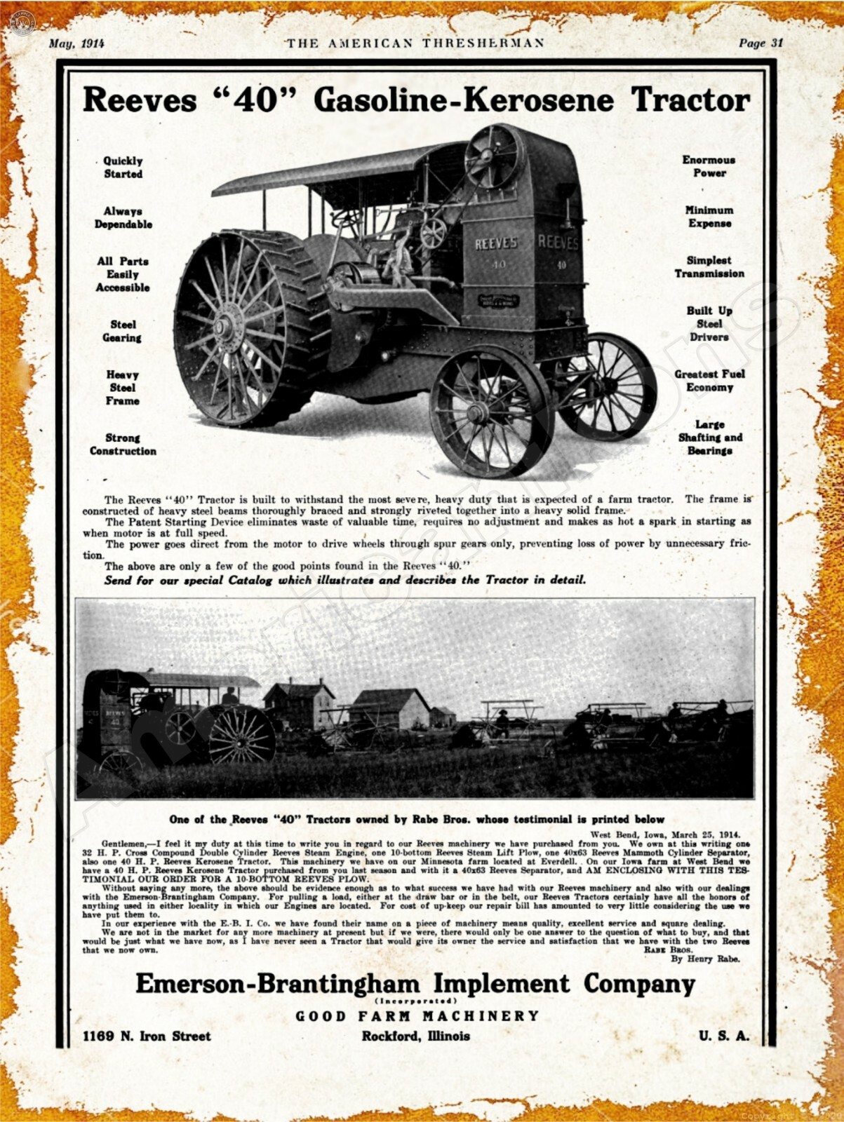 1915 Emerson Brantingham Implement Co. New Metal Sign: Reeves 40 Tractor