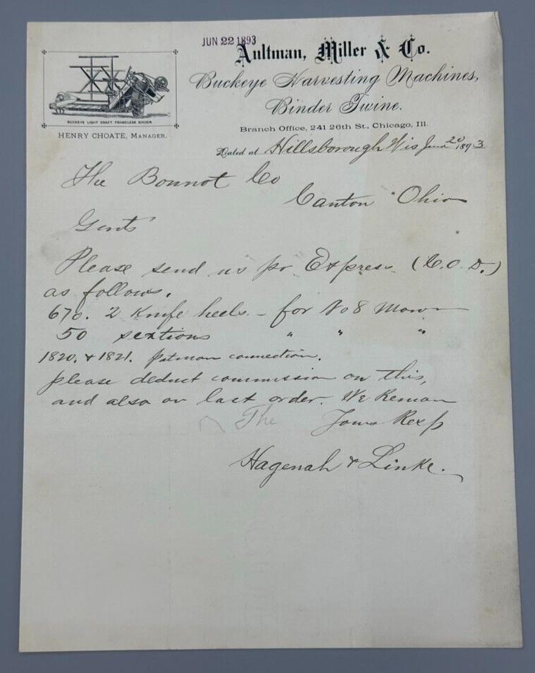 1893 Aultman Miller BUCKEYE HARVESTING MACHINE Antique FARM Advertising Letter