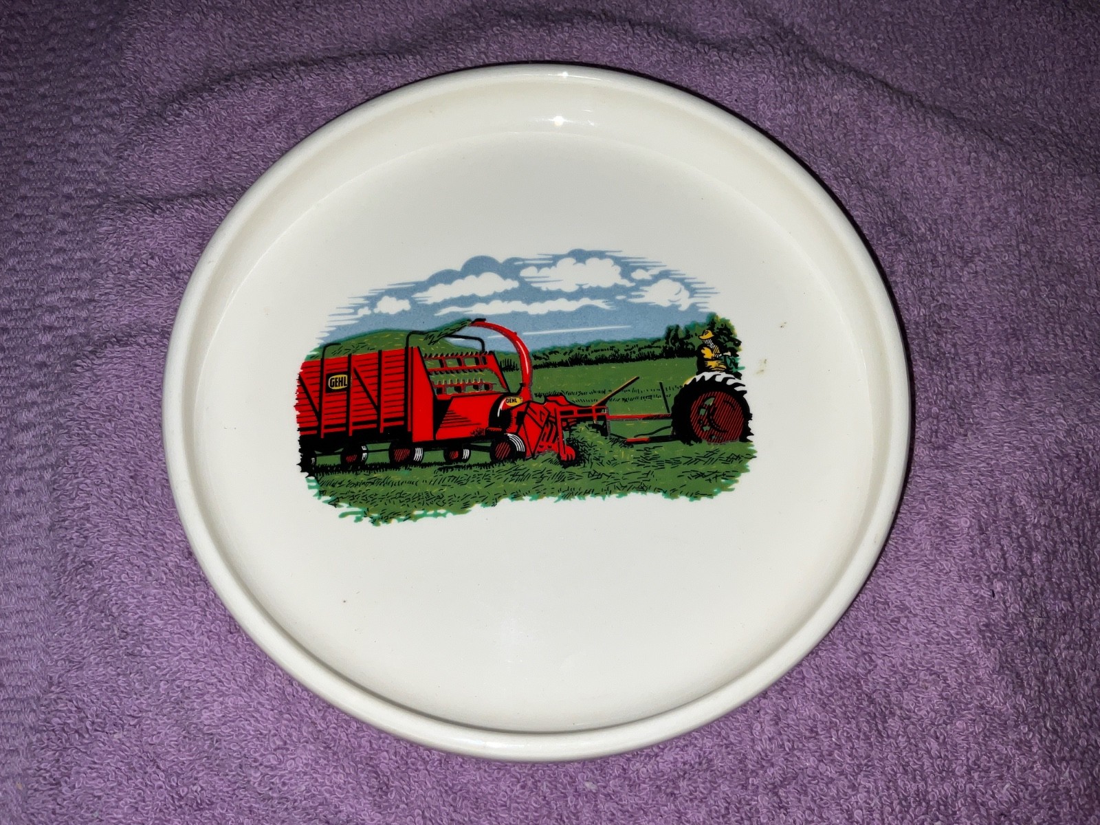 GEHL 59 ASHTRAY DISH CANDY NUT VINTAGE WHITE CERAMIC FARM SCENE Making Hay While