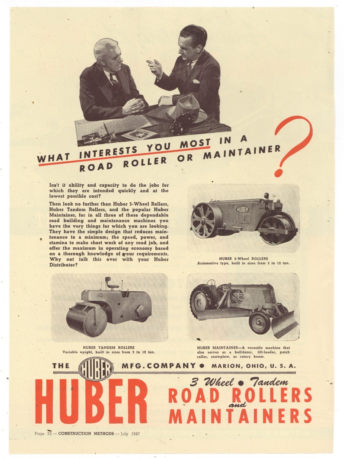 1947 Huber Mfg. Co. Ad: Road Rollers & Maintainer Tractors – Marion, OhiO