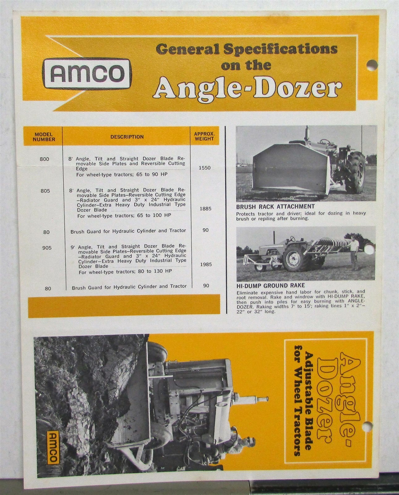 1968 AMCO Angle Dozer 8&prime; 9&prime; Construction Sales Data Sheet