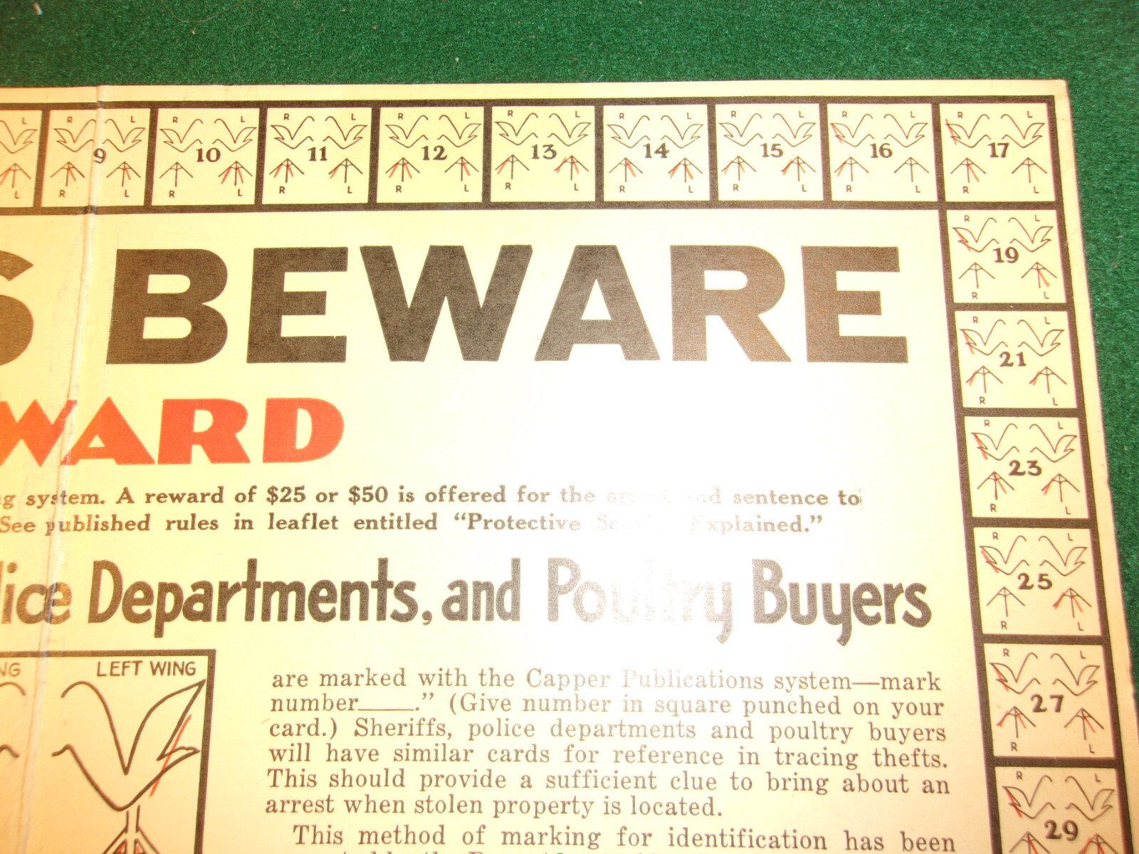 RARE OLD VTG ANTIQUE 1933 PLACARD: THIEVES BEWARE, REWARD (FOR POULTRY THEFT)